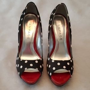 Black & White Polkadot Pumps with Red Accents